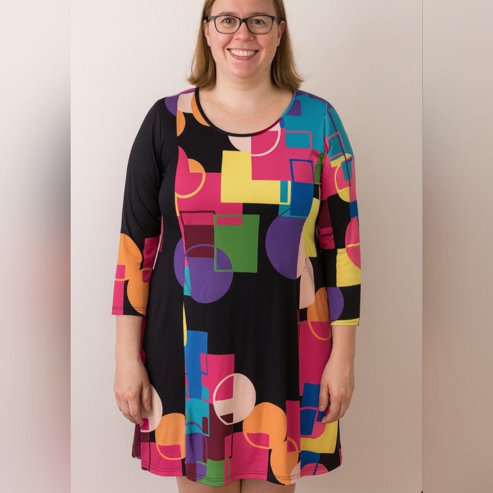 Lily By Firmiana Colorful Geometric Print 3/4 Sleeve Dress NWT Small